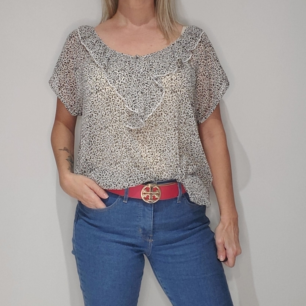 Feminine Ruffled Chiffon Sheer Cheetah print blouse size Large NEW!